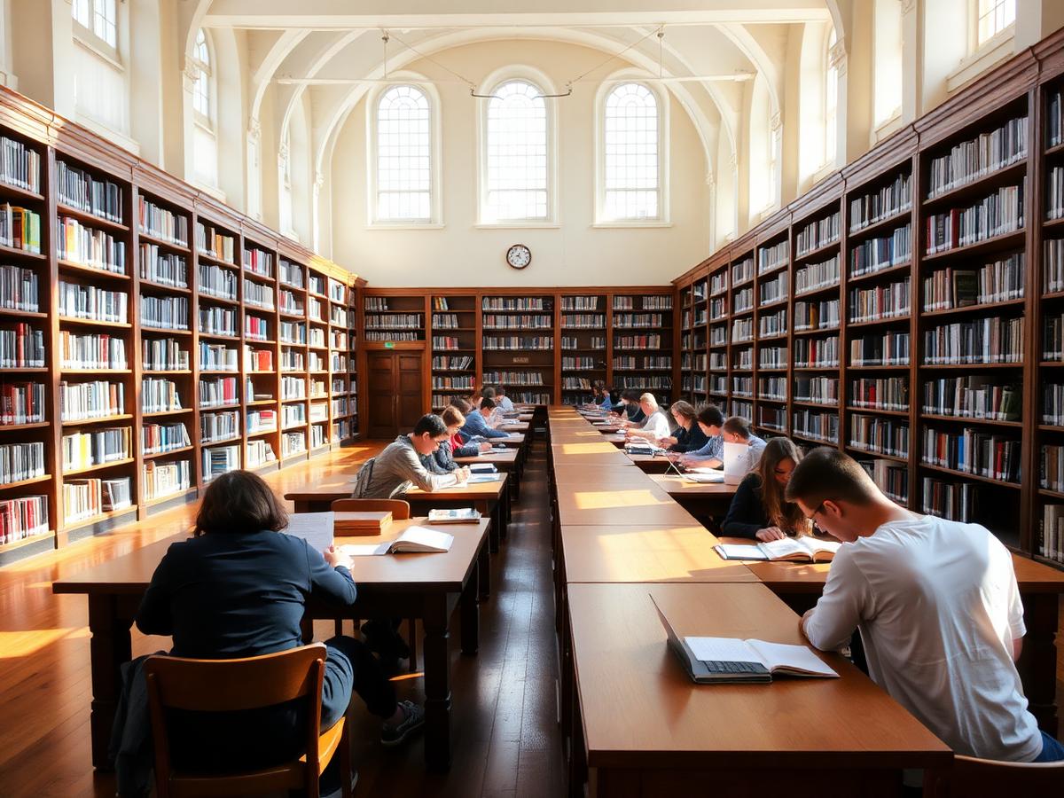 Students studying in the university library reading hall.